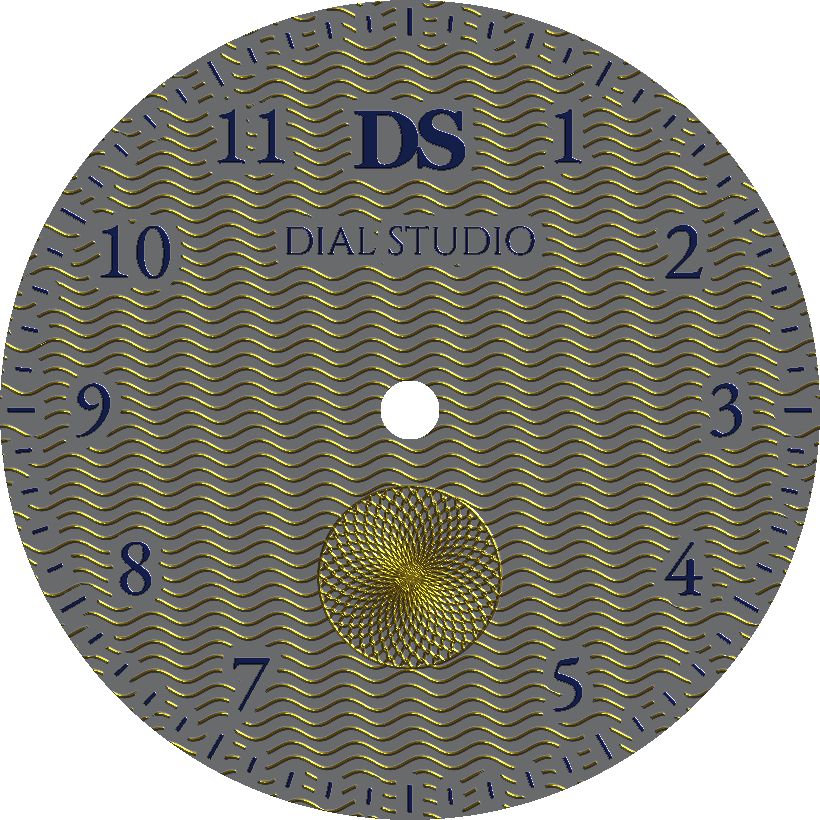 Guilloché watch dial generated in Dial Studio — gold anodized guilloché waves and a gold spirograph sub-dial with royal-blue numerals on a bare-titanium face.